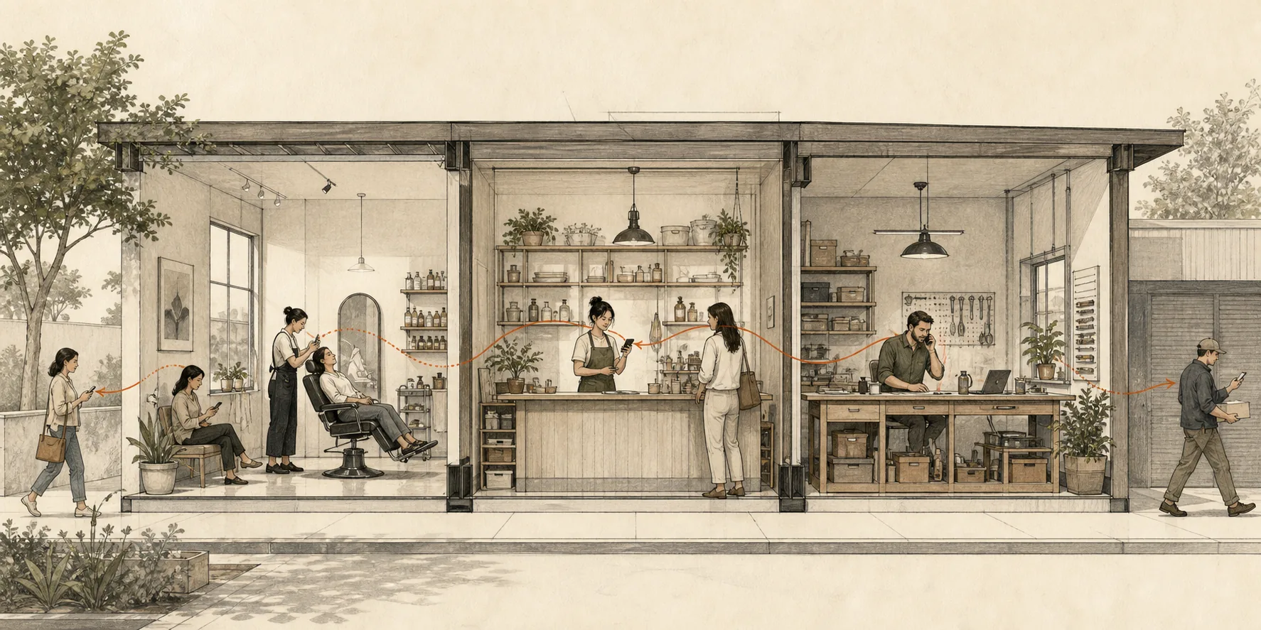 Architectural pencil-and-ink cutaway showing customers and owners working across three neighborhood businesses